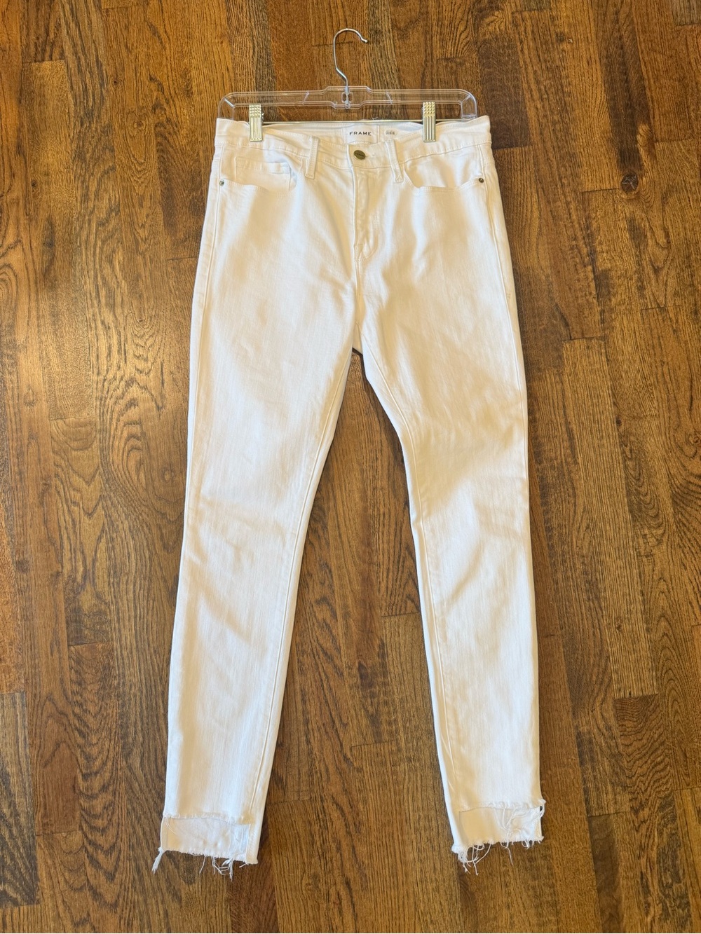 Frame Denim Skinny Jeans in White with Raw Hem